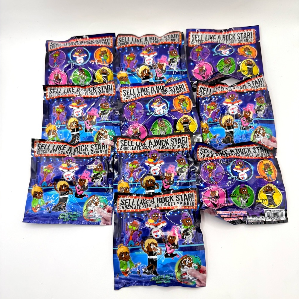 Sell Like a Rock Star!" Chocolate-Scented Fidget Spinner Clip-On Toys, 10 pc